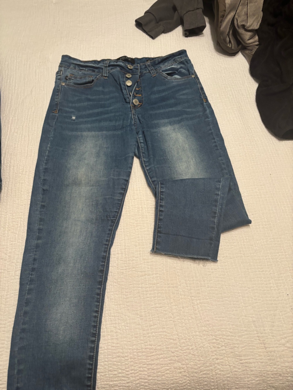 Judy Blue Distressed Mid Blue Skinny Jeans with Button-Fly